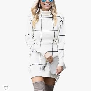 CHICWISH Women's Comfy Casual Long Sleeve Cream/Black/Grey Grid Turtleneck/Round